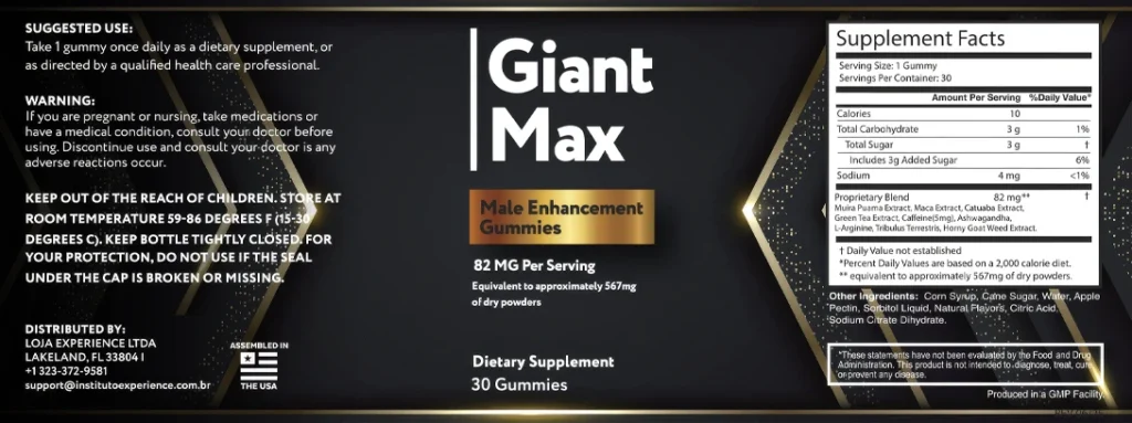Giant Max supplement facts label — full botanical ingredient disclosure with precise doses for male vitality and testosterone support